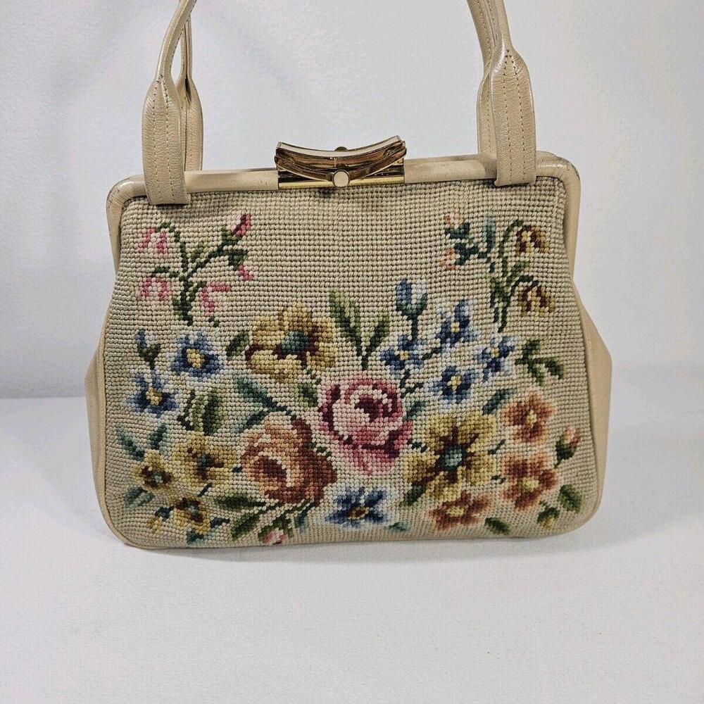 Vintage 1950's Mid Century Needlepoint Floral Purse Handbag Pocket Beige - Picture 3 of 13